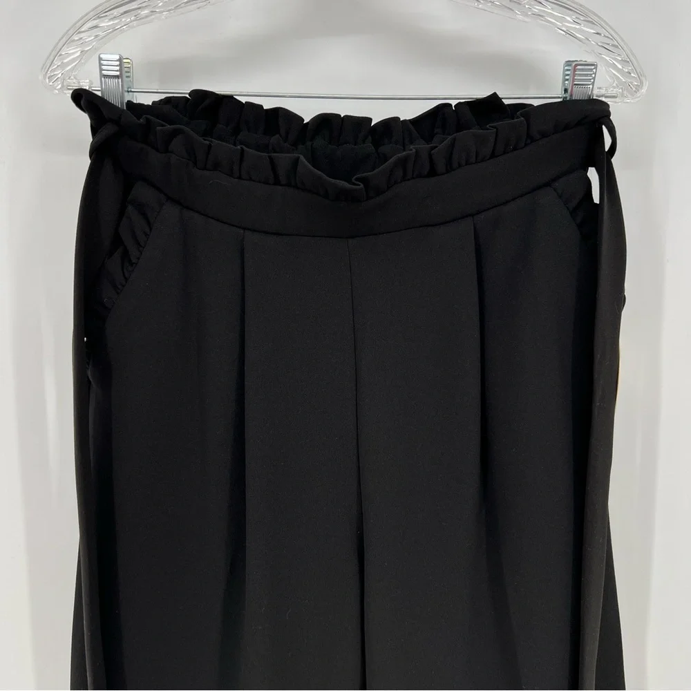 Lara Fashion Women Pants Large Black Wide Leg Paper Bag Gathered Waist Sash Belt - Picture 4 of 10